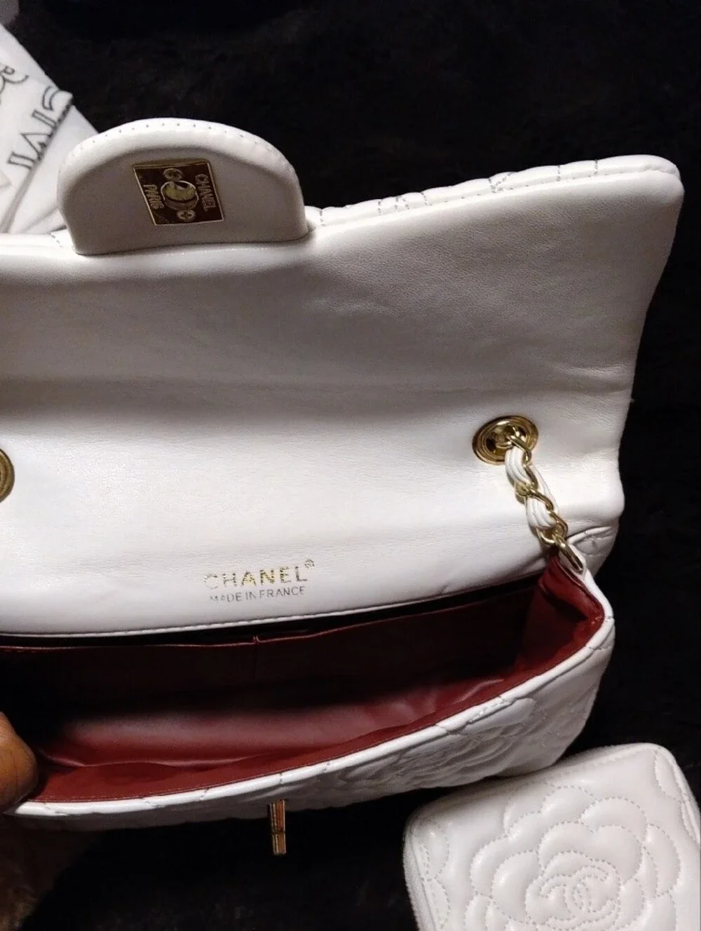 CHANEL White Quilted Camellia Charm Shoulder Bag with Gold Accents
